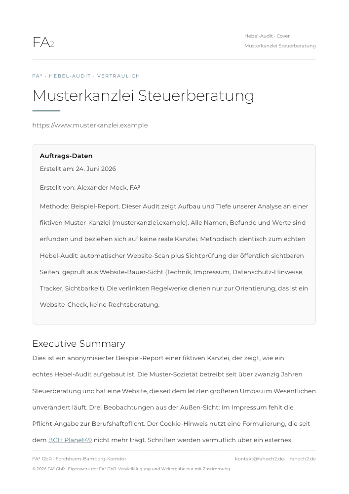 Erste Seite des Beispiel-Hebel-Audits einer anonymen Muster-Kanzlei